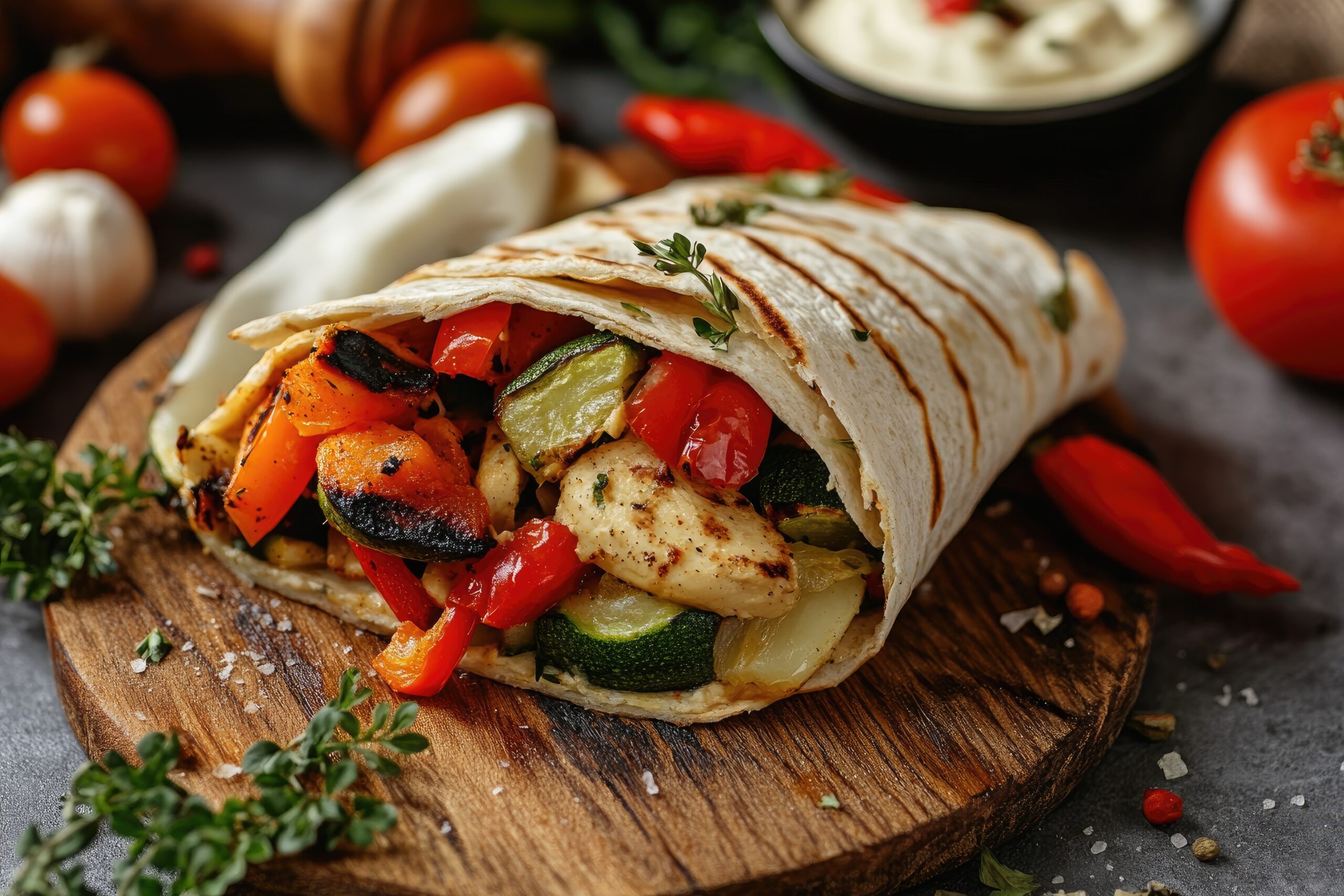 Chicken fajita wrap with vegetables.