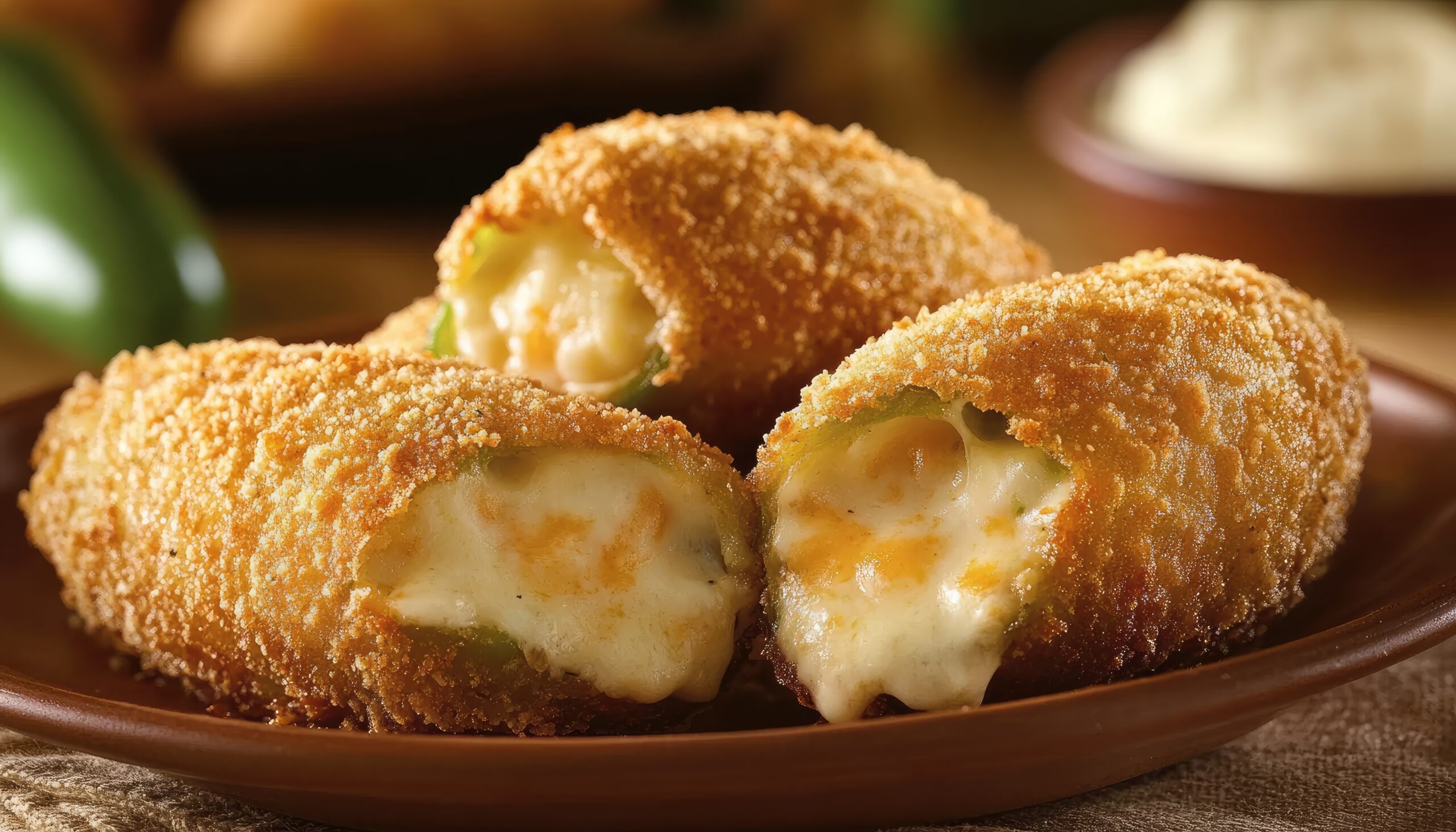 Three jalapeno poppers on a platter