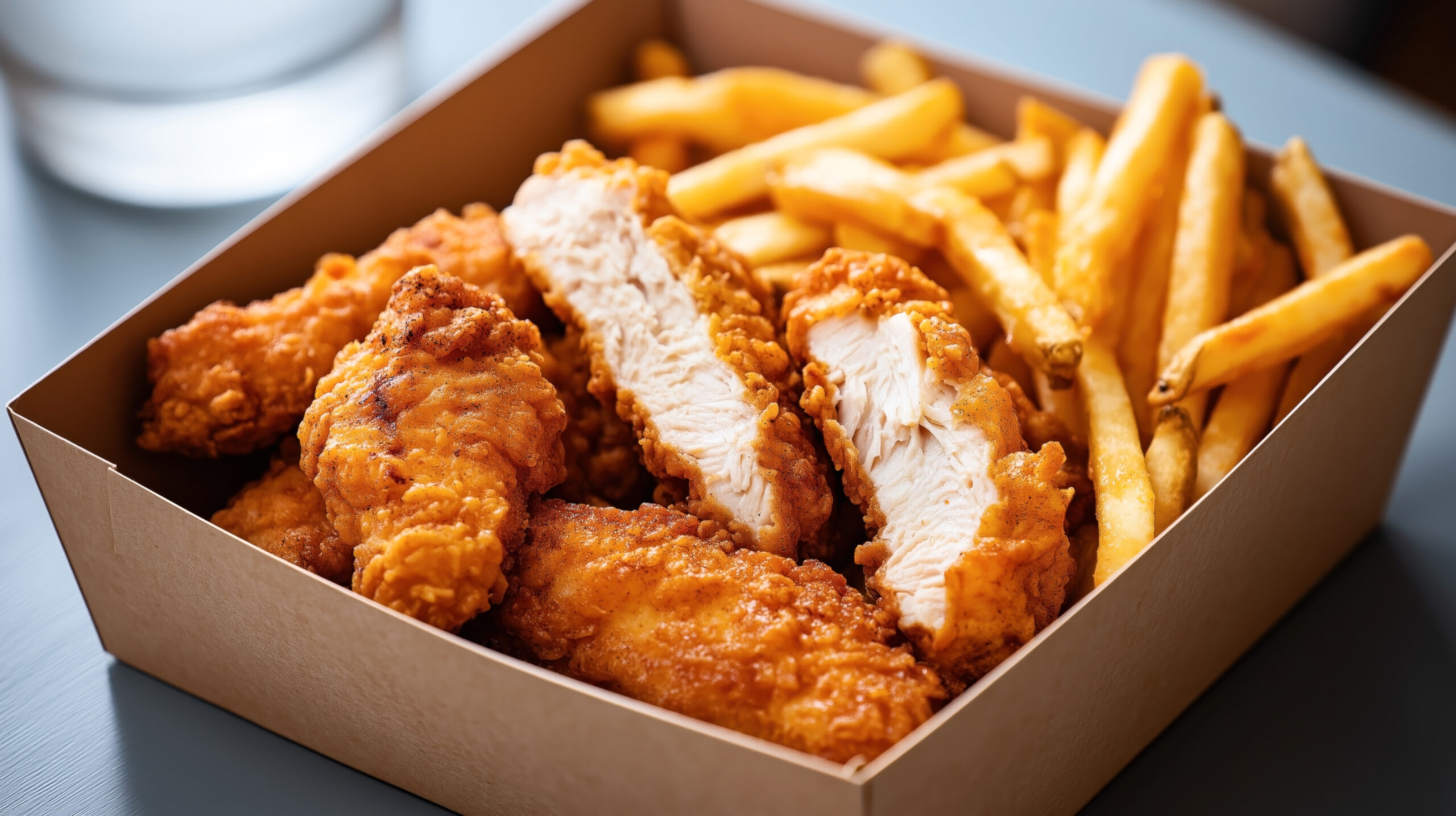 Chicken tenders with fries in cardboard plate.