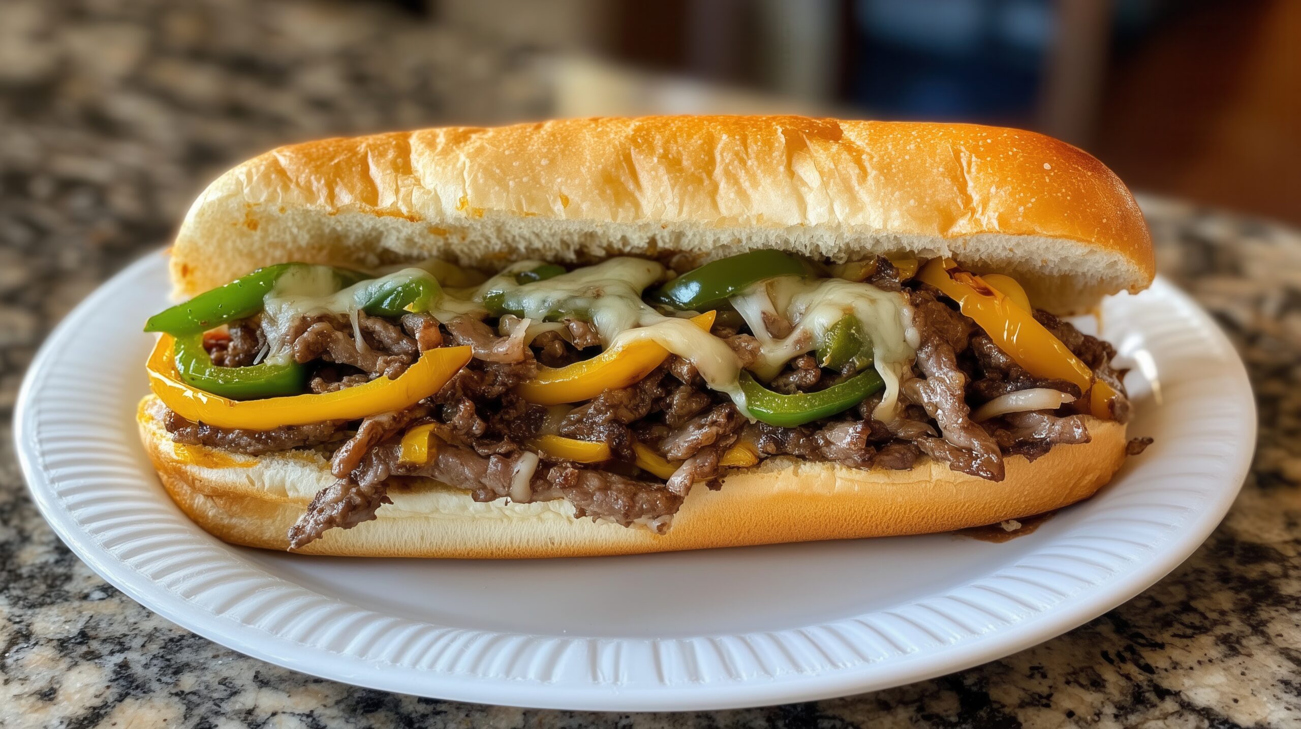 Cheesesteak sub on a paper plate.