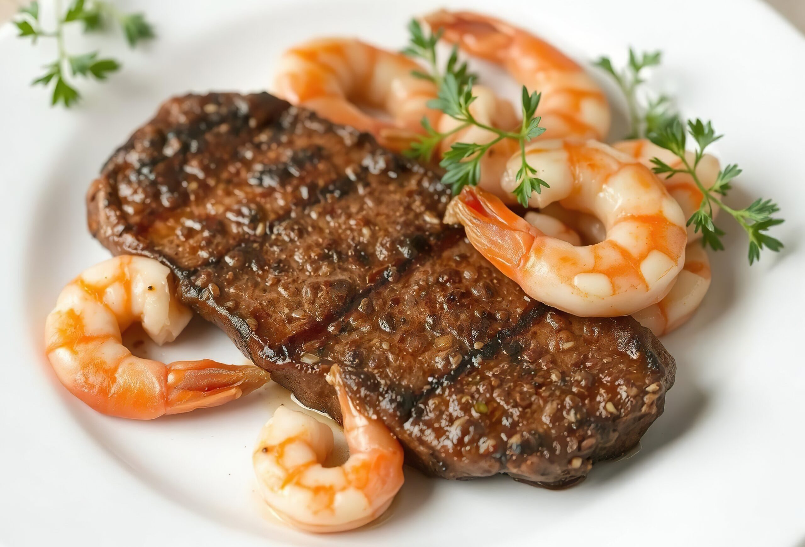 Steak and five shrimp on a plate.