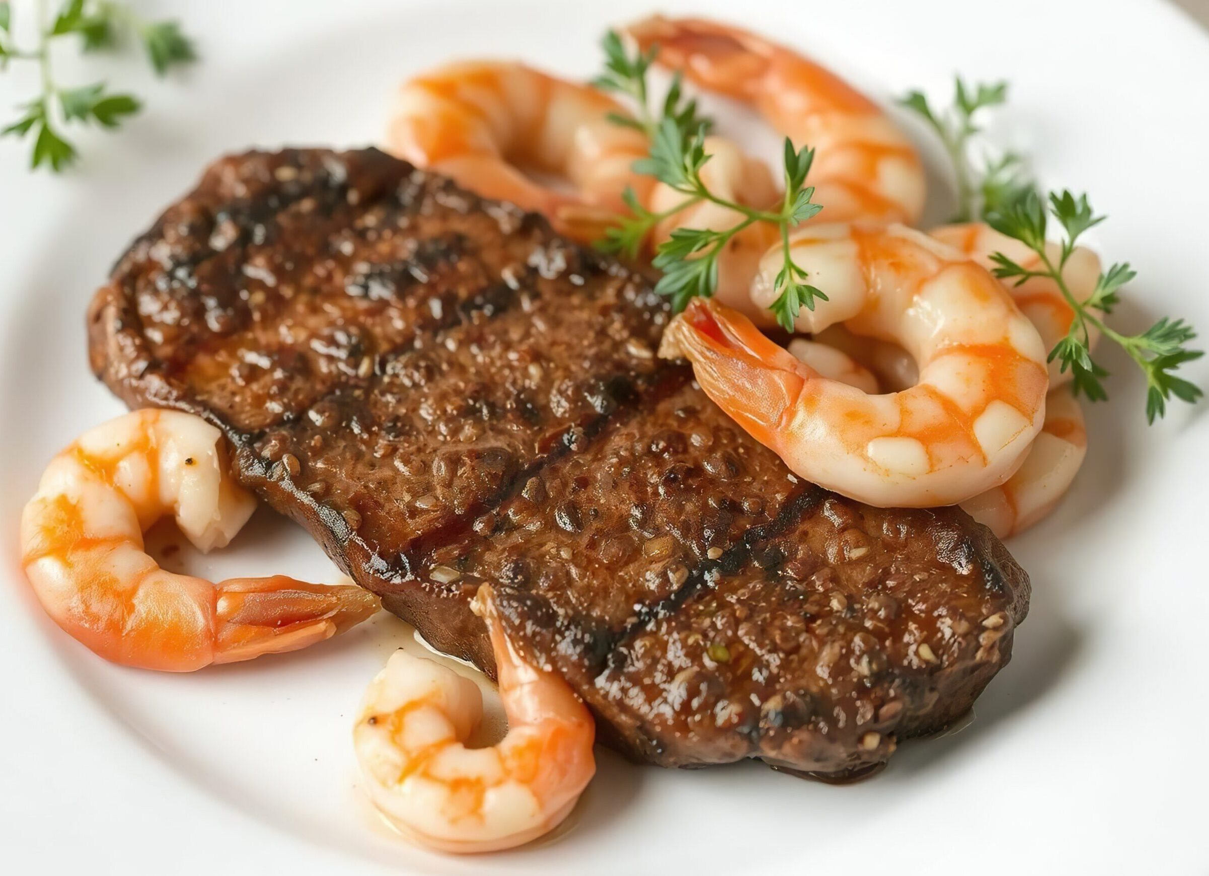 Steak and five shrimp on a plate.