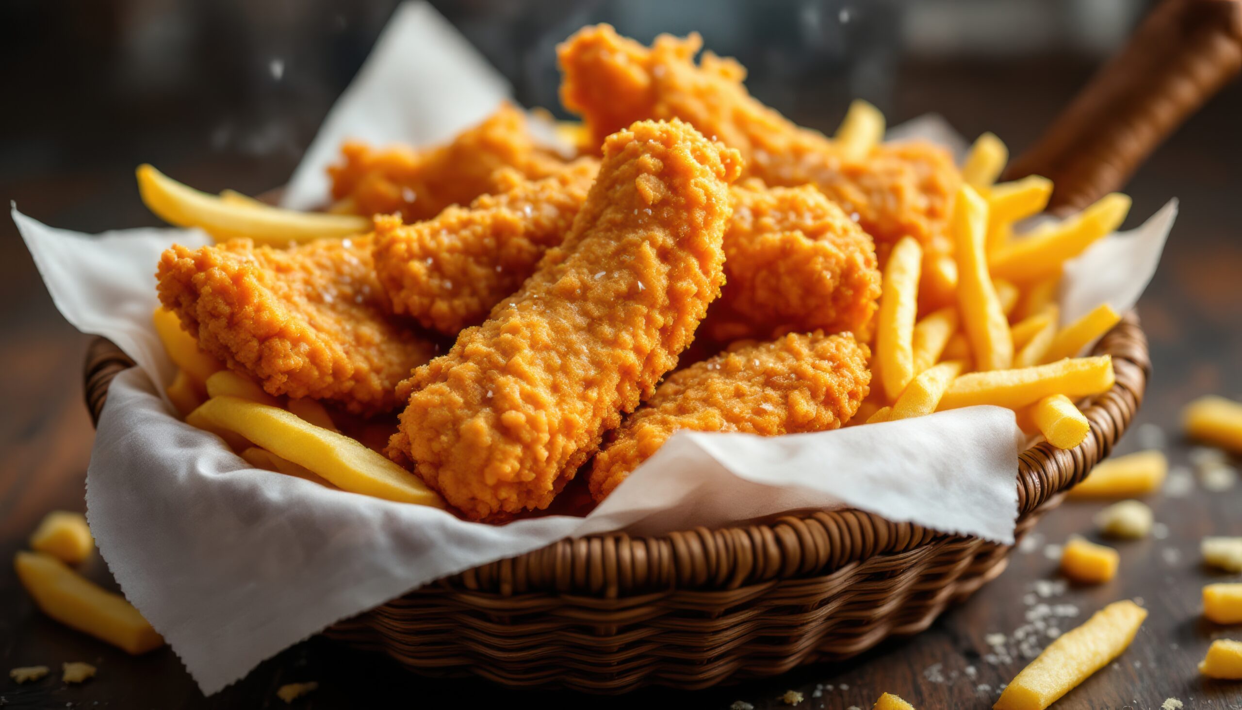Chicken tender and fish basket with fries.