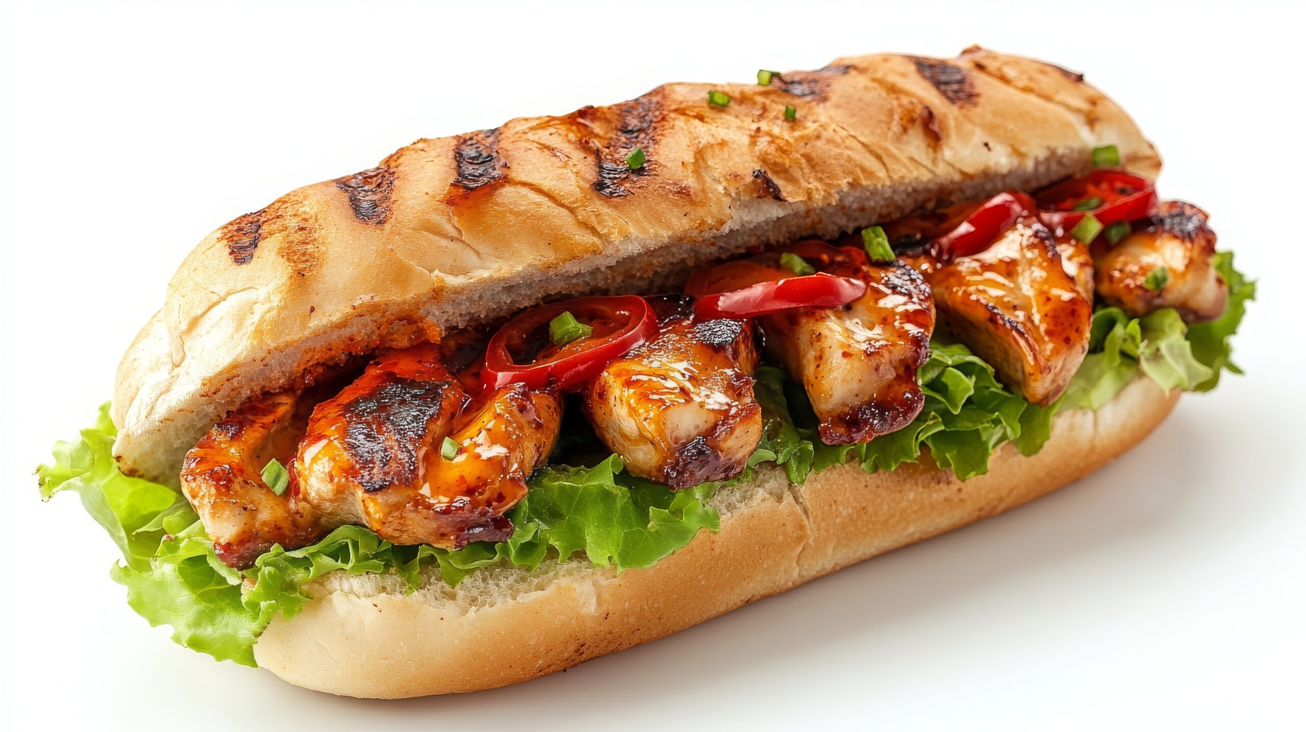 Grilled chicken sub with lettuce and ketchup. 