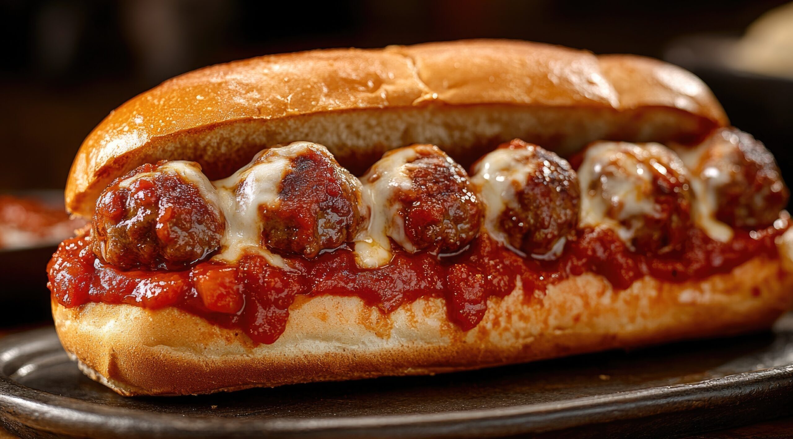 Meatball sub on a plate.