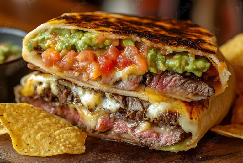 Steak quesadilla with vegetables and guacamole.