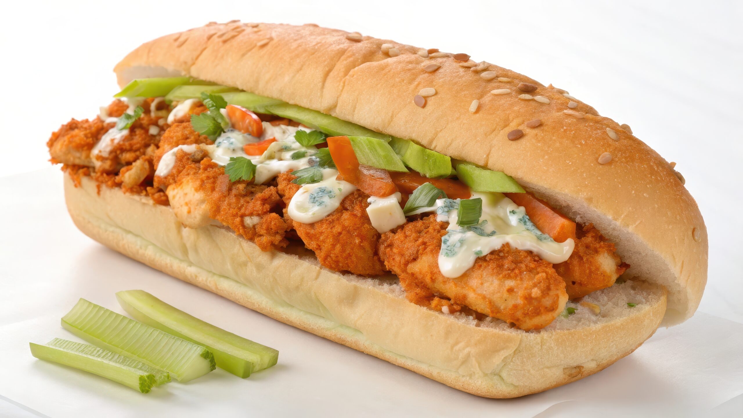 Chicken tender sub with tomatoes, ranch, and celery. 