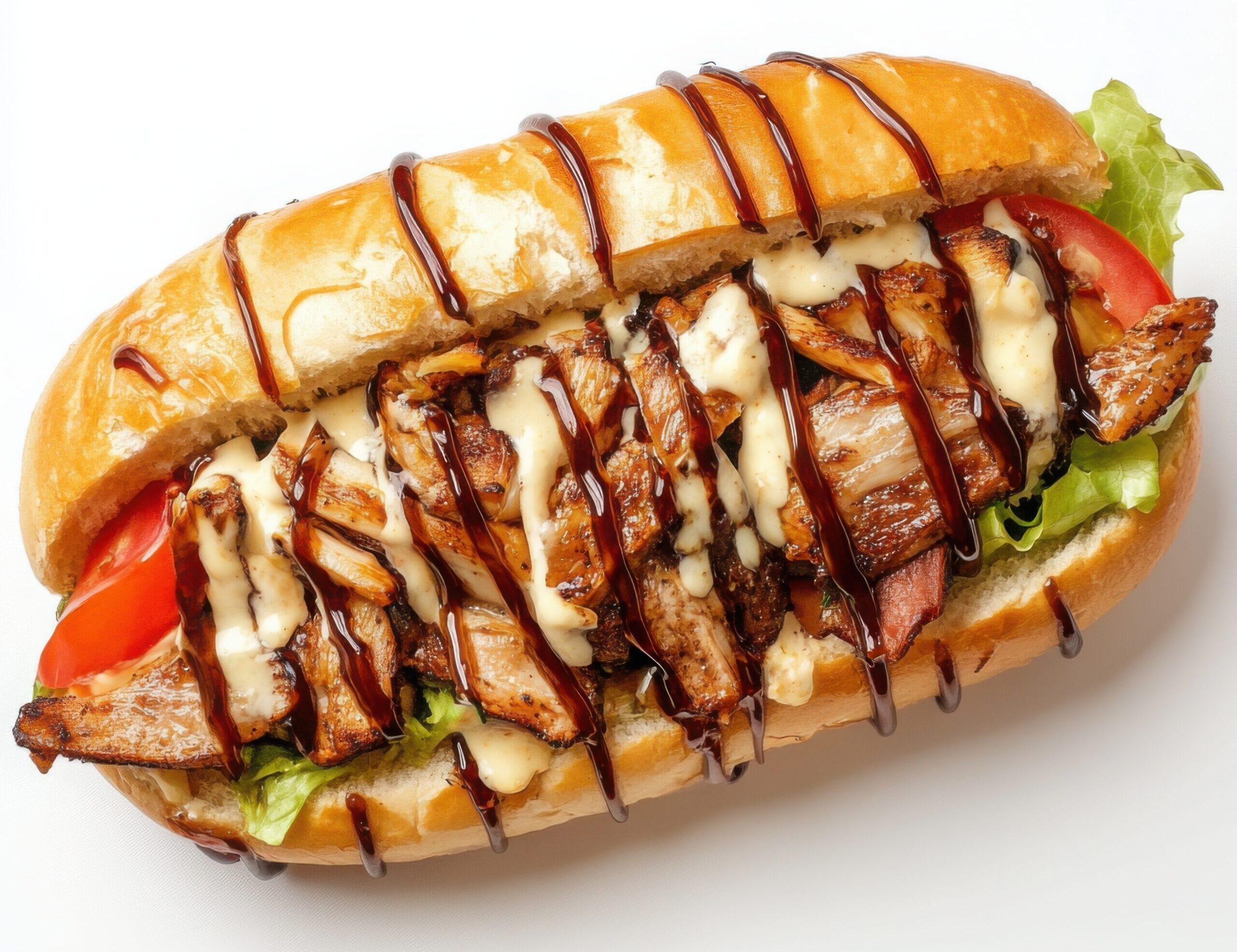 Grilled chicken sub with dipped with barbeque sauce.