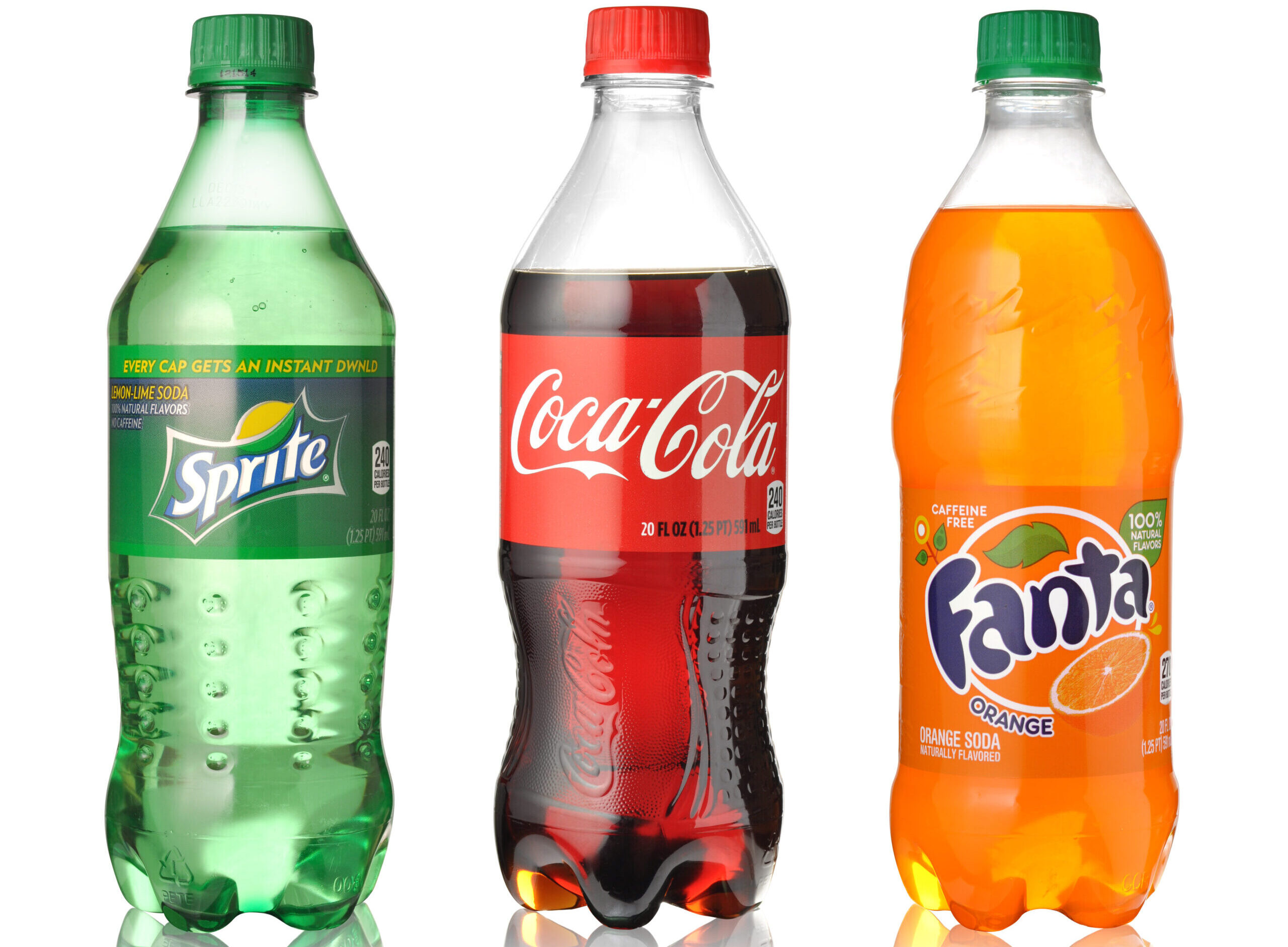 Bottles of Fanta, Coca-Cola, and Sprite.