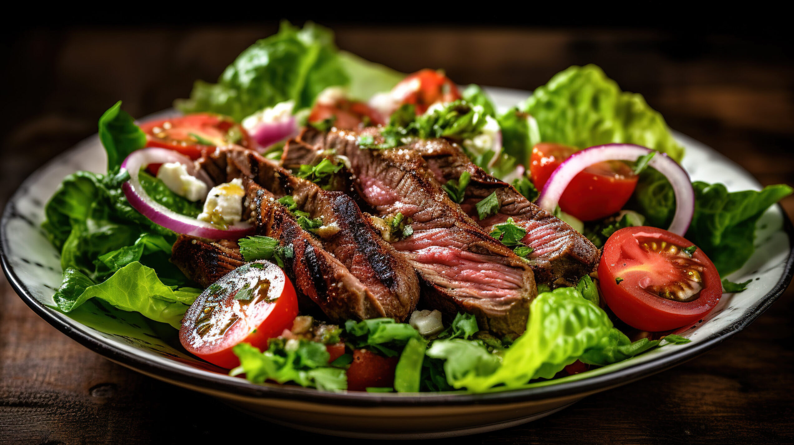 Steak salad on a plate.