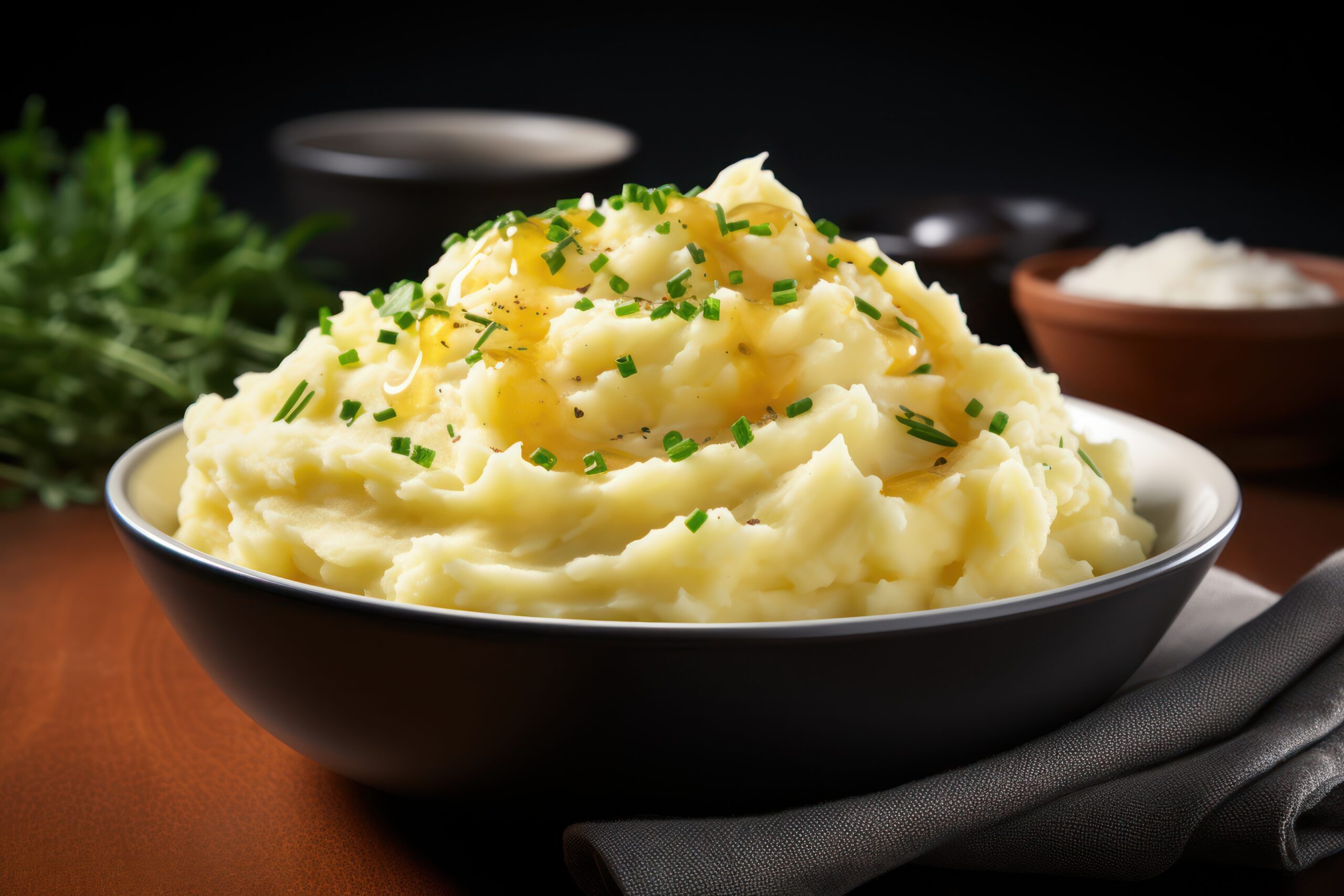 Mashed potato plate with cilantro and butter on top.