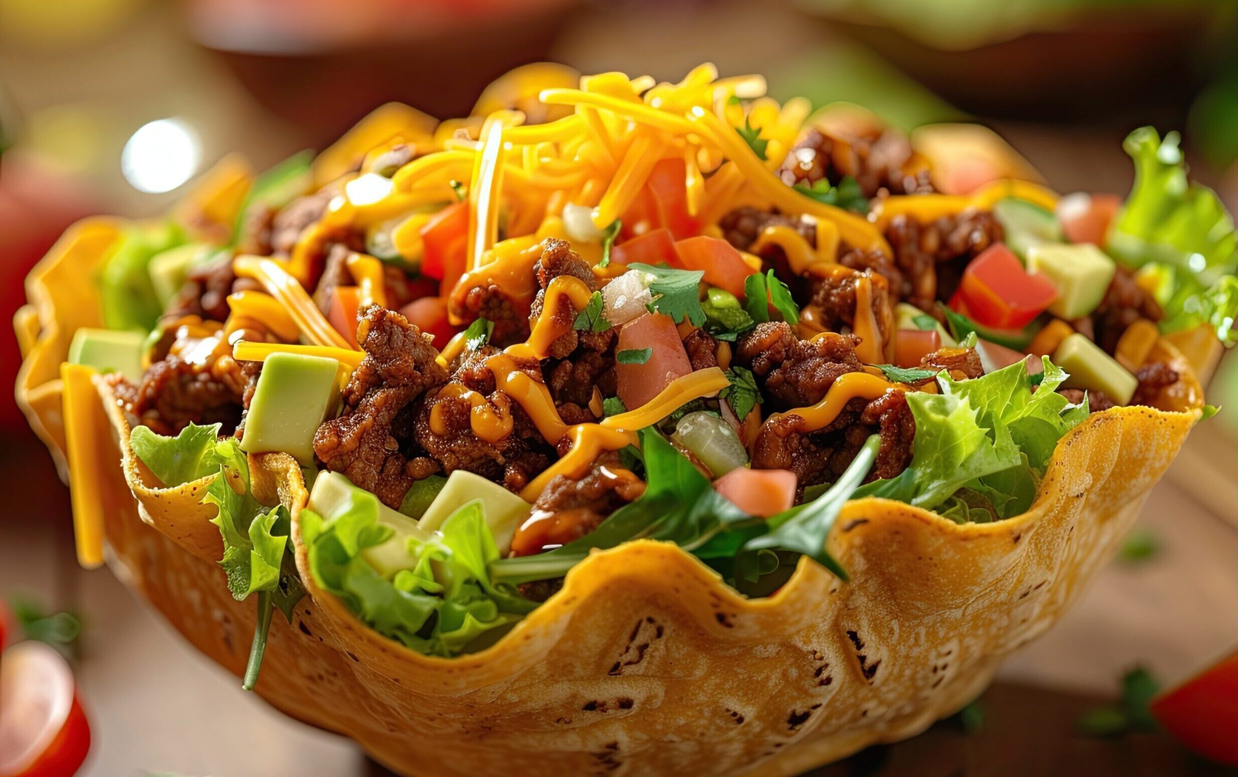 Taco salad with cheese, lettuce, tomatoes, and ground beef.
