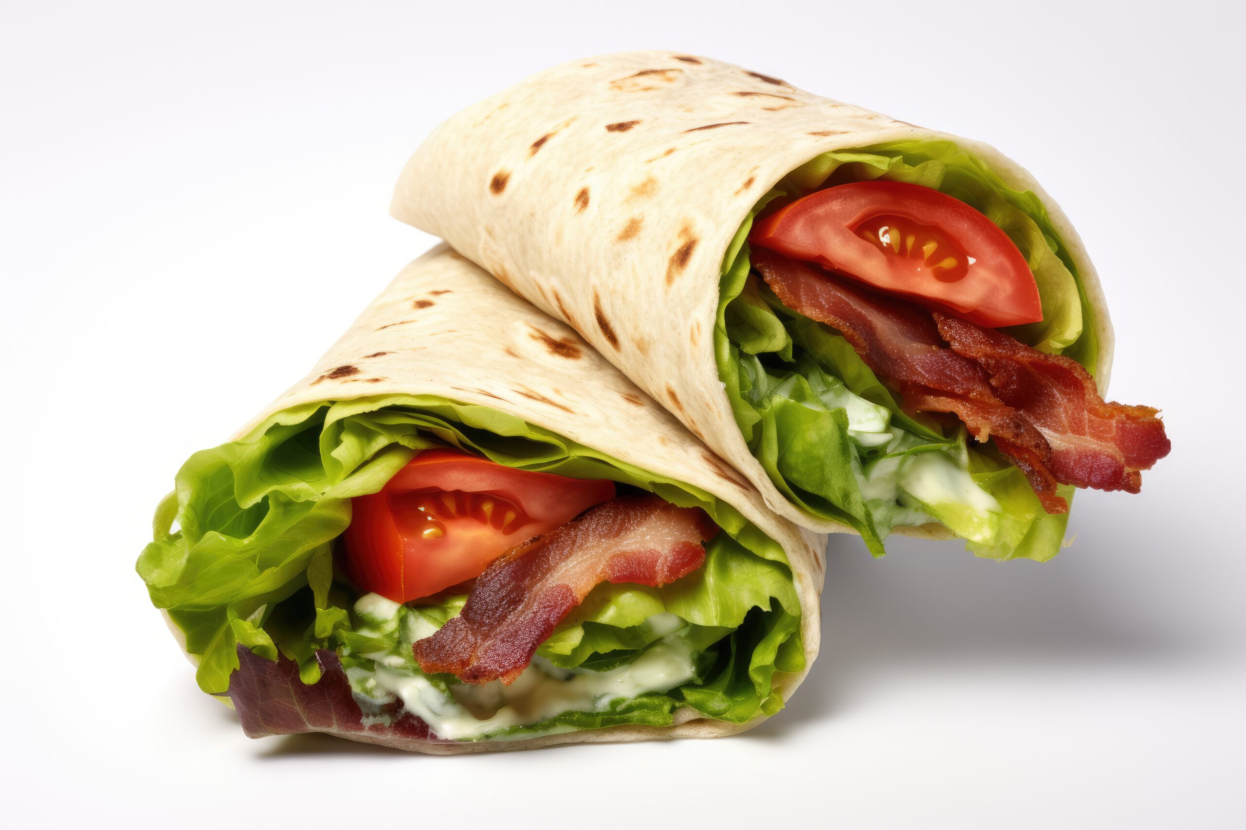 Bacon, Lettuce, Tomato wrap cut in half.