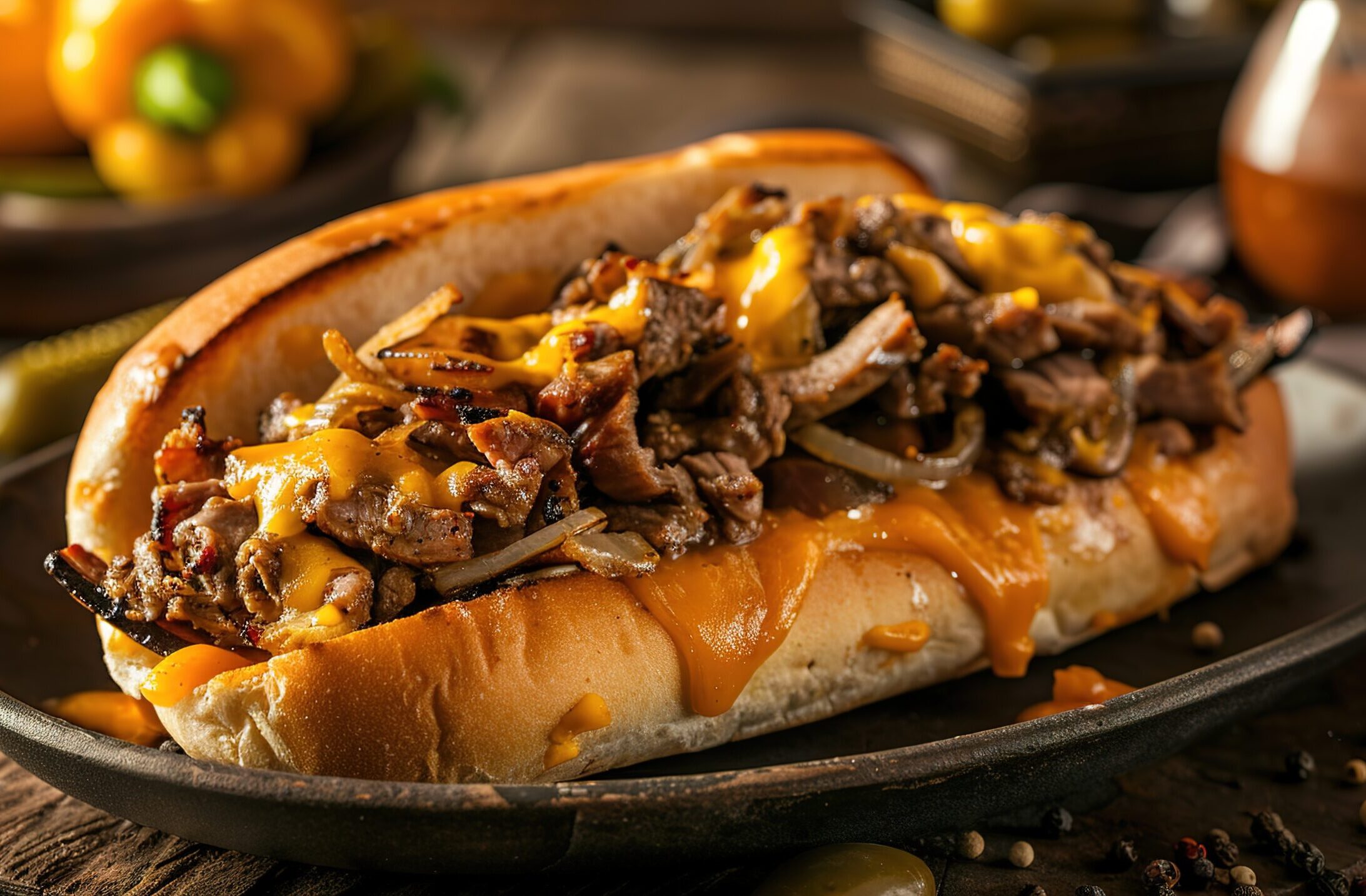 Cheesesteak sub on a plate.