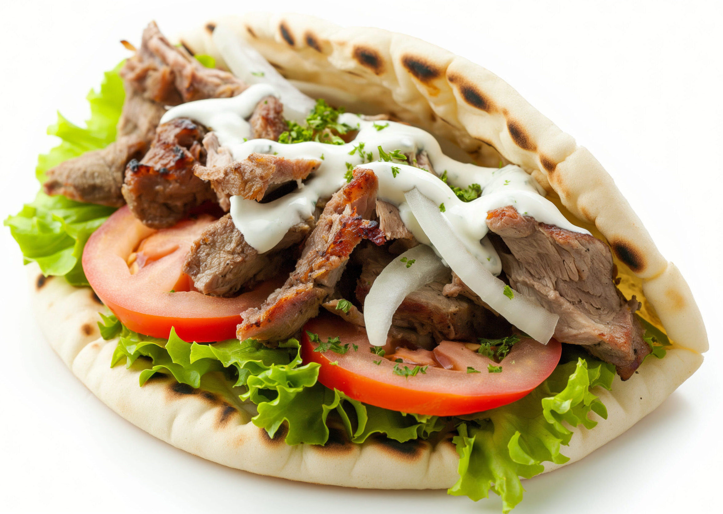 Gyro with tomatoes, lettuce, and tzatziki sauce