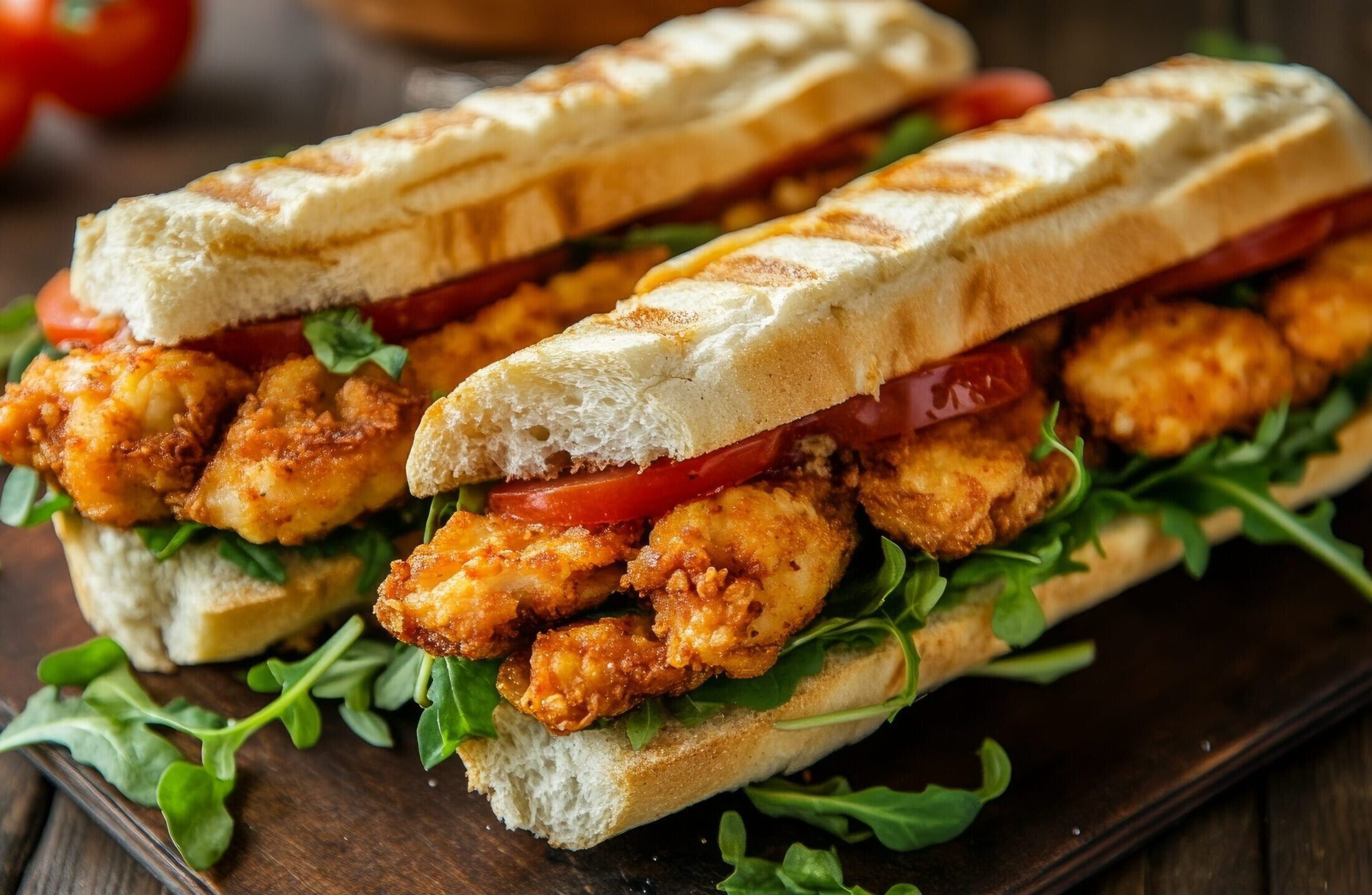 Two grilled chicken subs with lettuce and tomatoes.