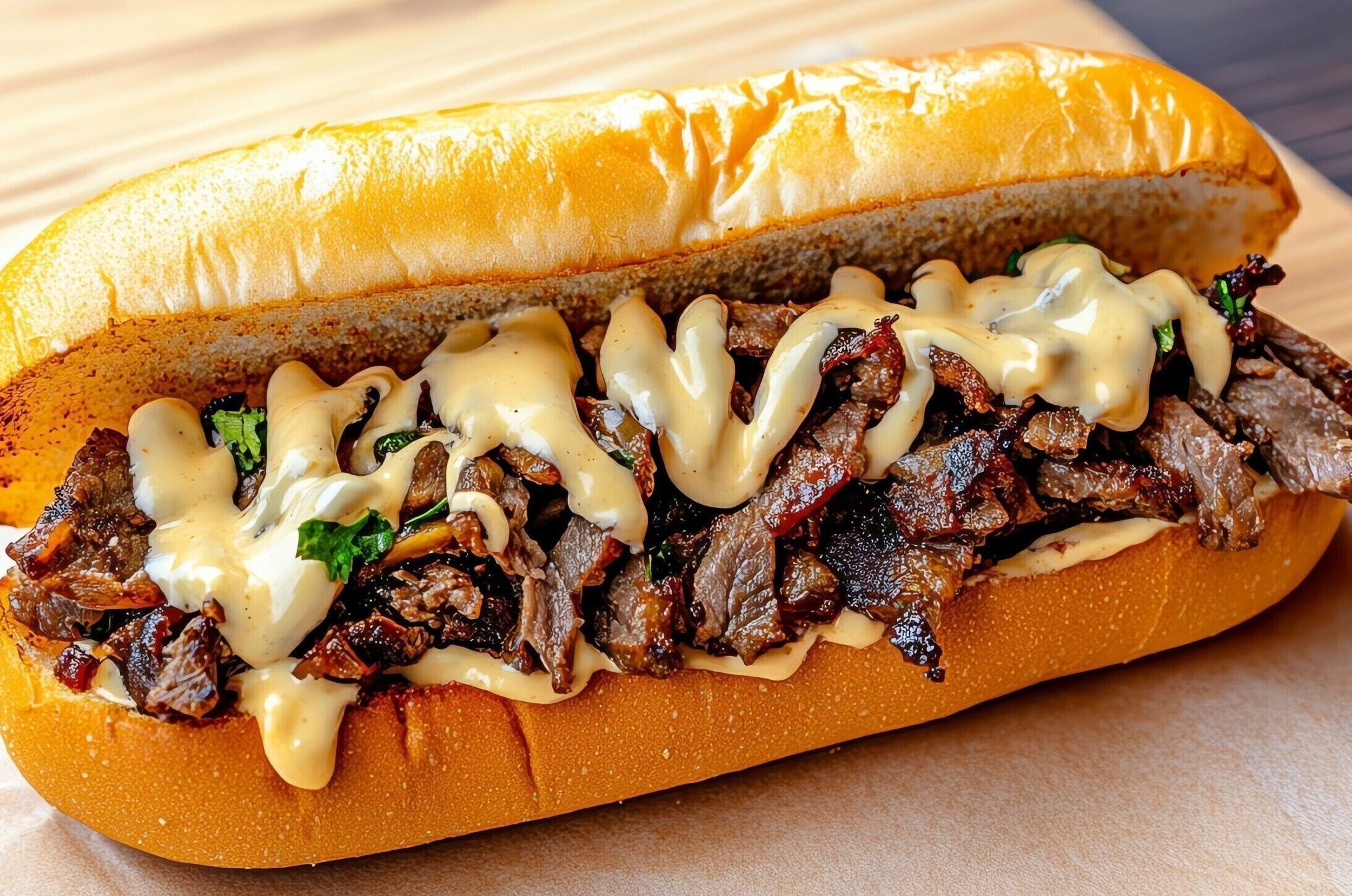 Cheesesteak sub with cheese sauce