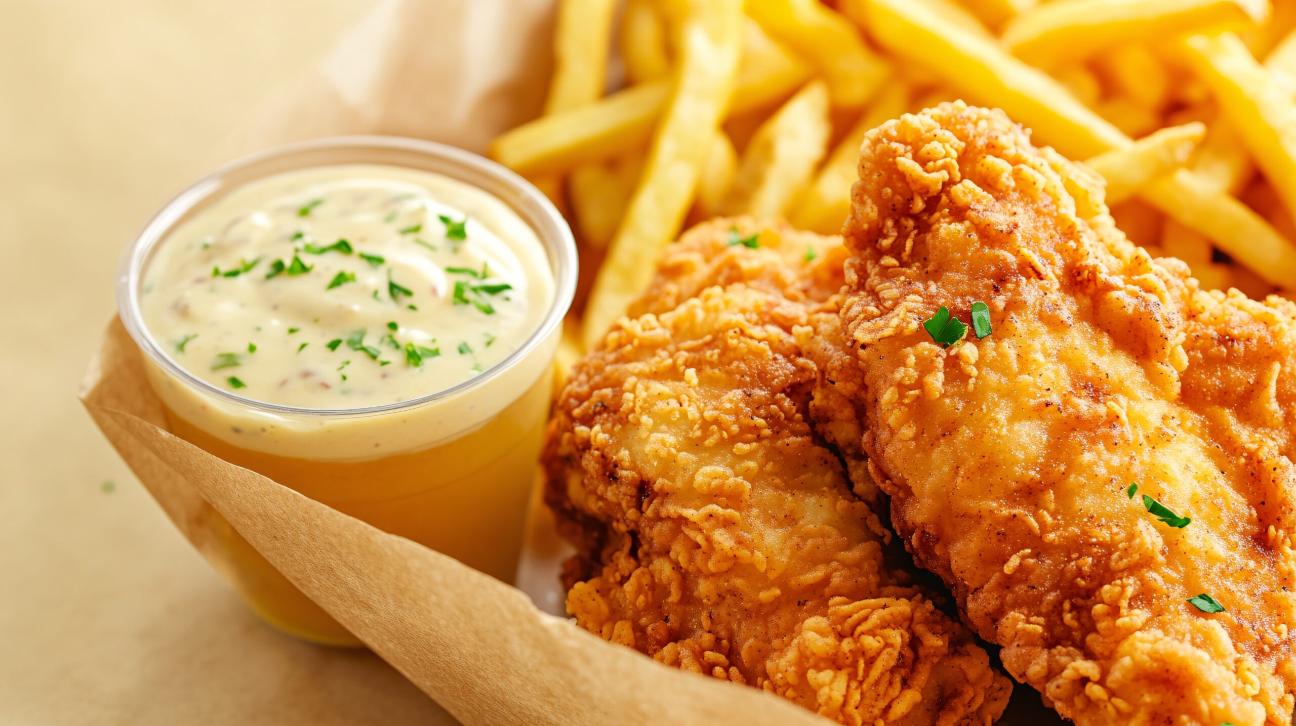 Chicken tenders plate with fries and ranch.