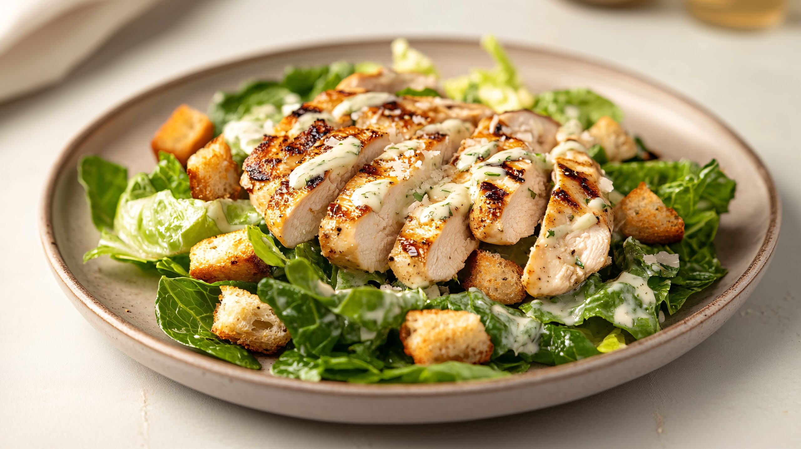 Grilled Chicken Caesar salad on a plate.