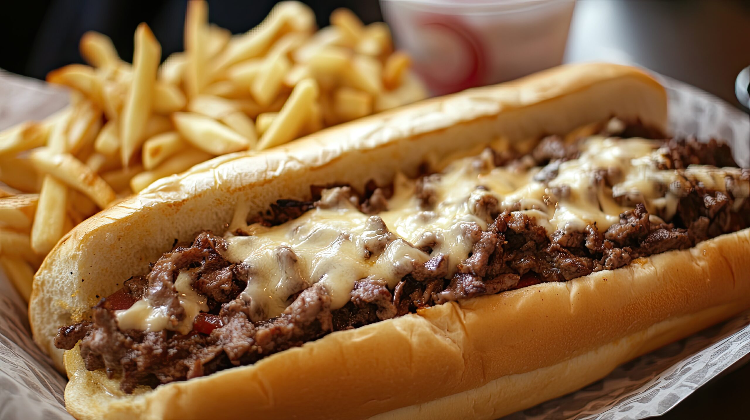 Cheesesteak sandwich on plate with fries and a drink in the background.