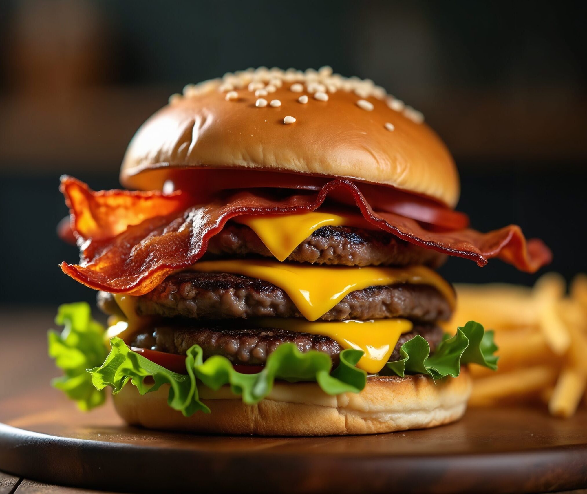 Bacon cheeseburger with fries on the side.