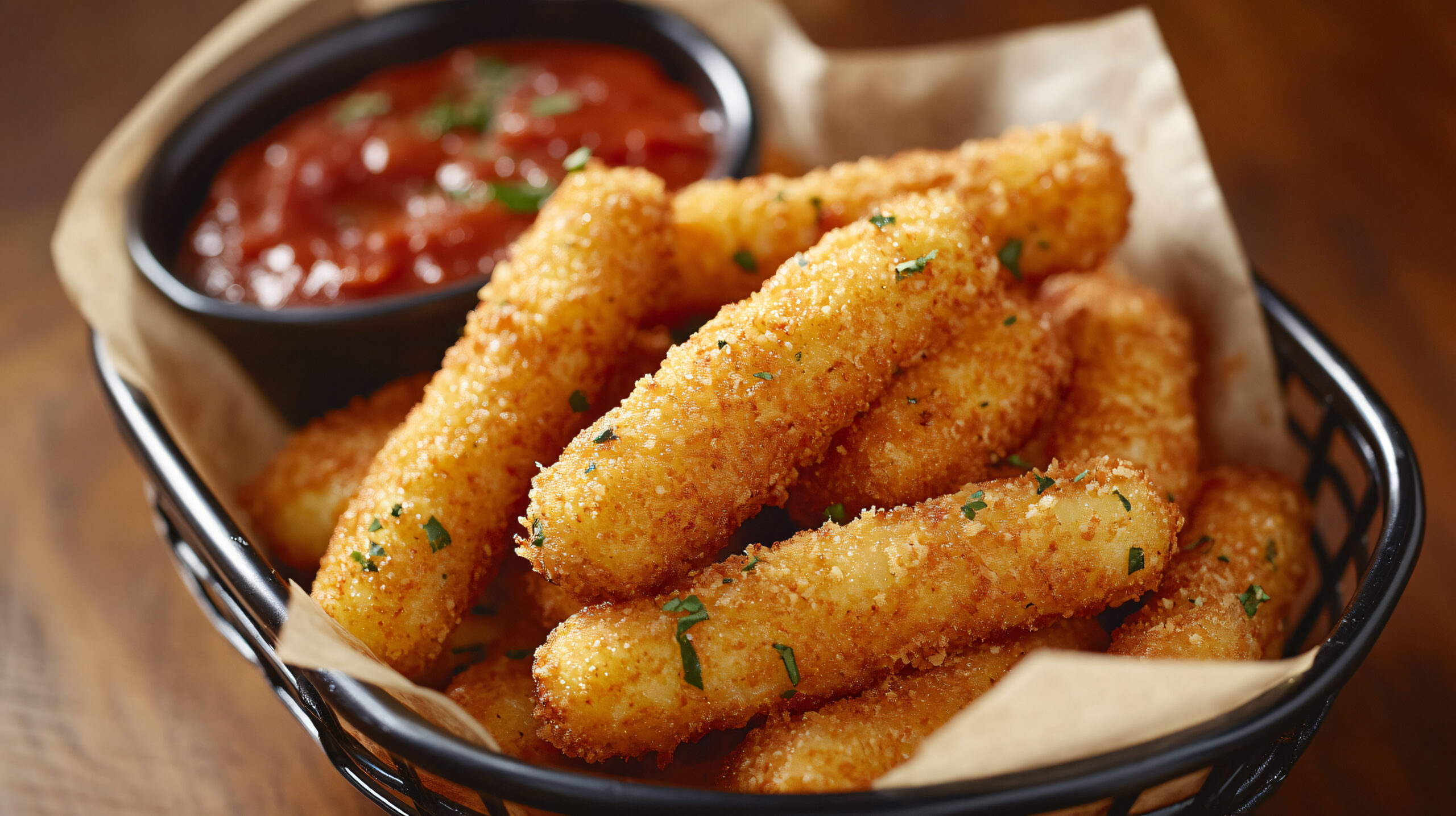 Mozzarella Stick platter with tomato sauce dipping cup.