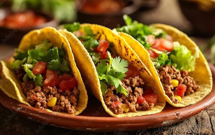 Three tacos with lettuce, diced tomatoes, and shredded cheese.