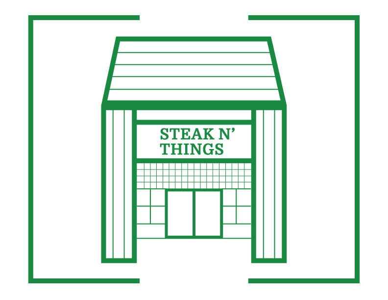 Illustration of Steak N' Things restaurant with outside architecture and entrance.